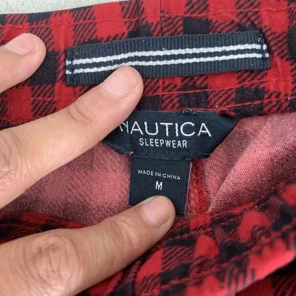Nautica Sleepwear Mens Red Black Plaid Flannel Elastic Waist Pajama Pants - M - Picture 2 of 4